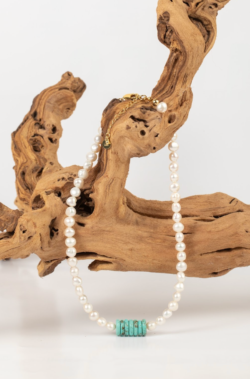 Collar de Perla de Río Blanca con Turquesa