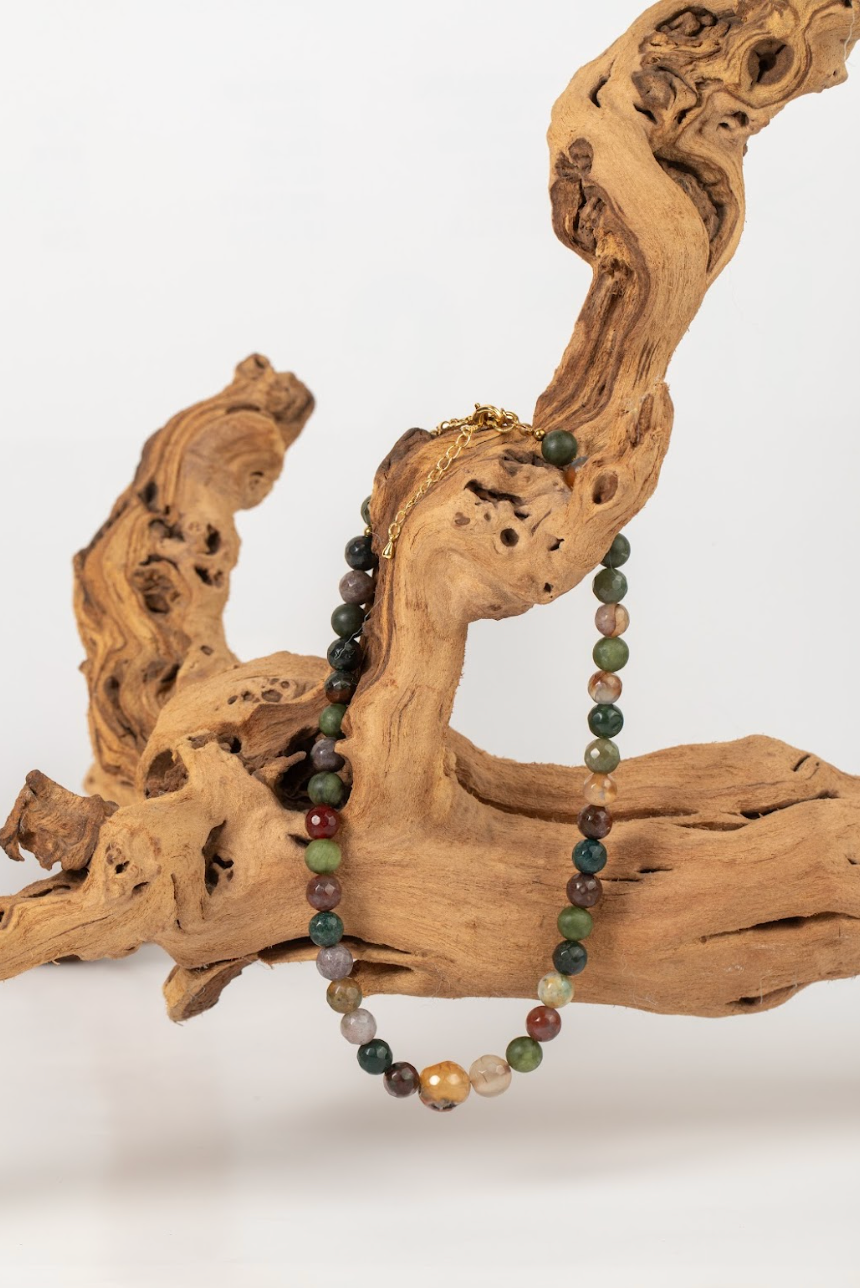 Collar Multicolor Jade Verde y Ágatas Facetada Mediano