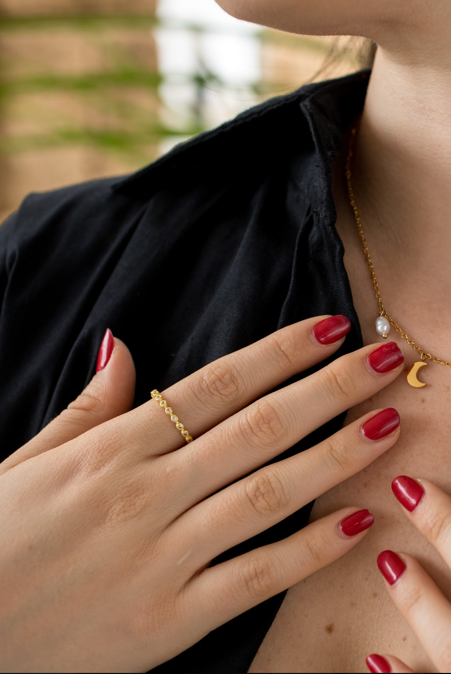 Anillo FR de Plata con Chapa de Oro y Cristales