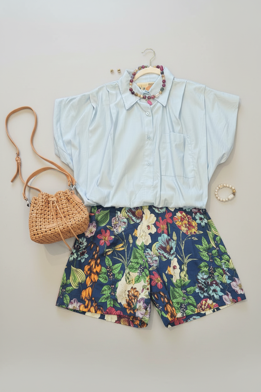 Short azul con flores libelula