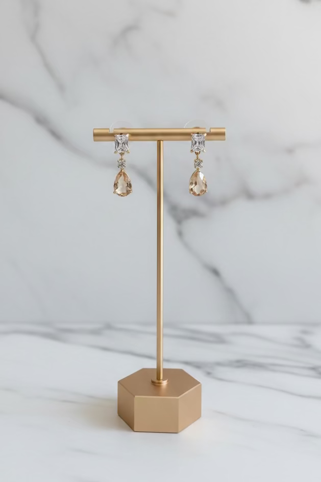 Aretes de Fiesta Pequeños Dorados con ZC y Gota Rosa Palo