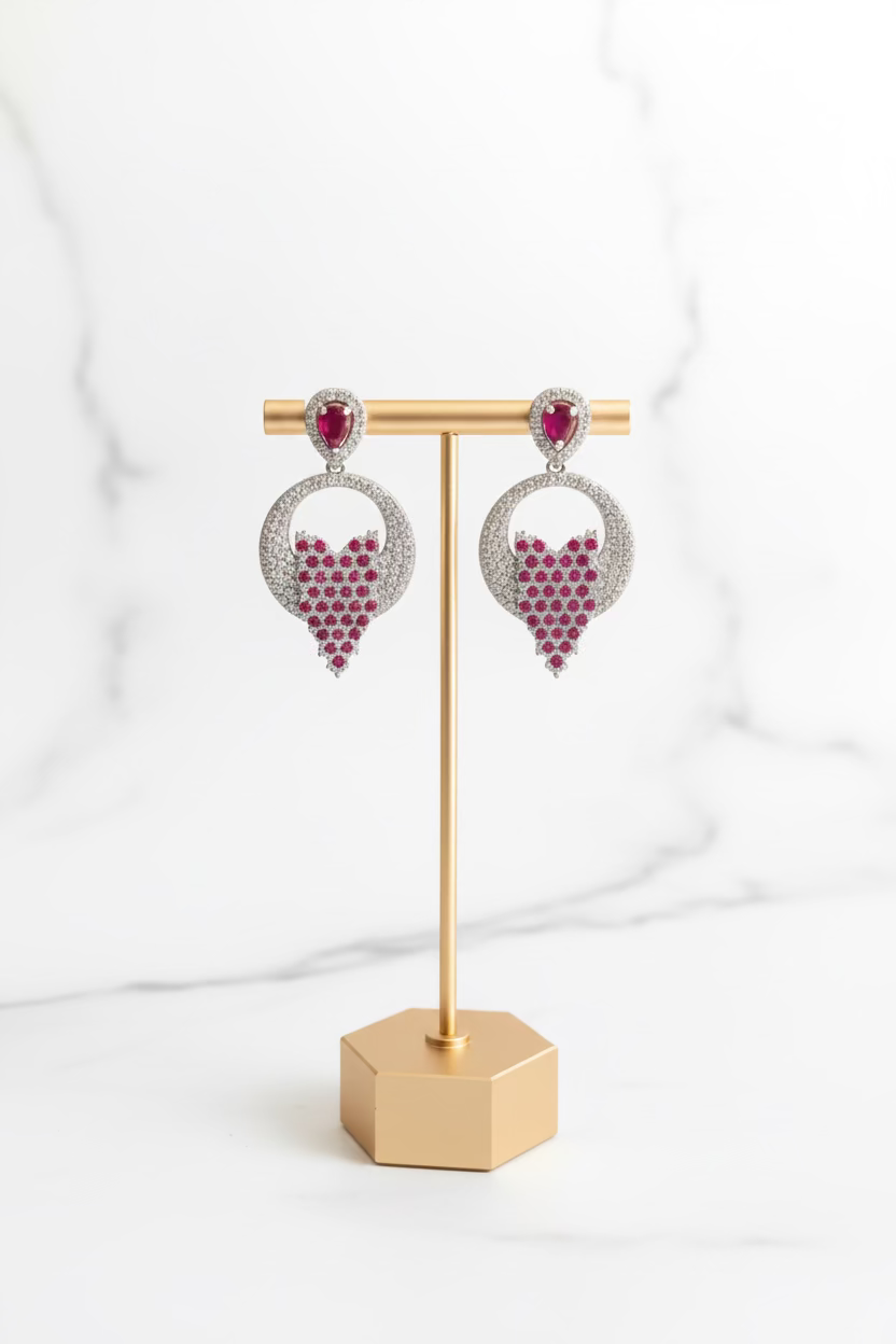 Aretes Hindus Plata con Rubis (Corazón)