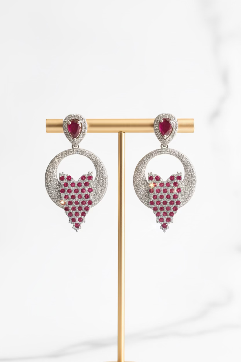 Aretes Hindus Plata con Rubis (Corazón)