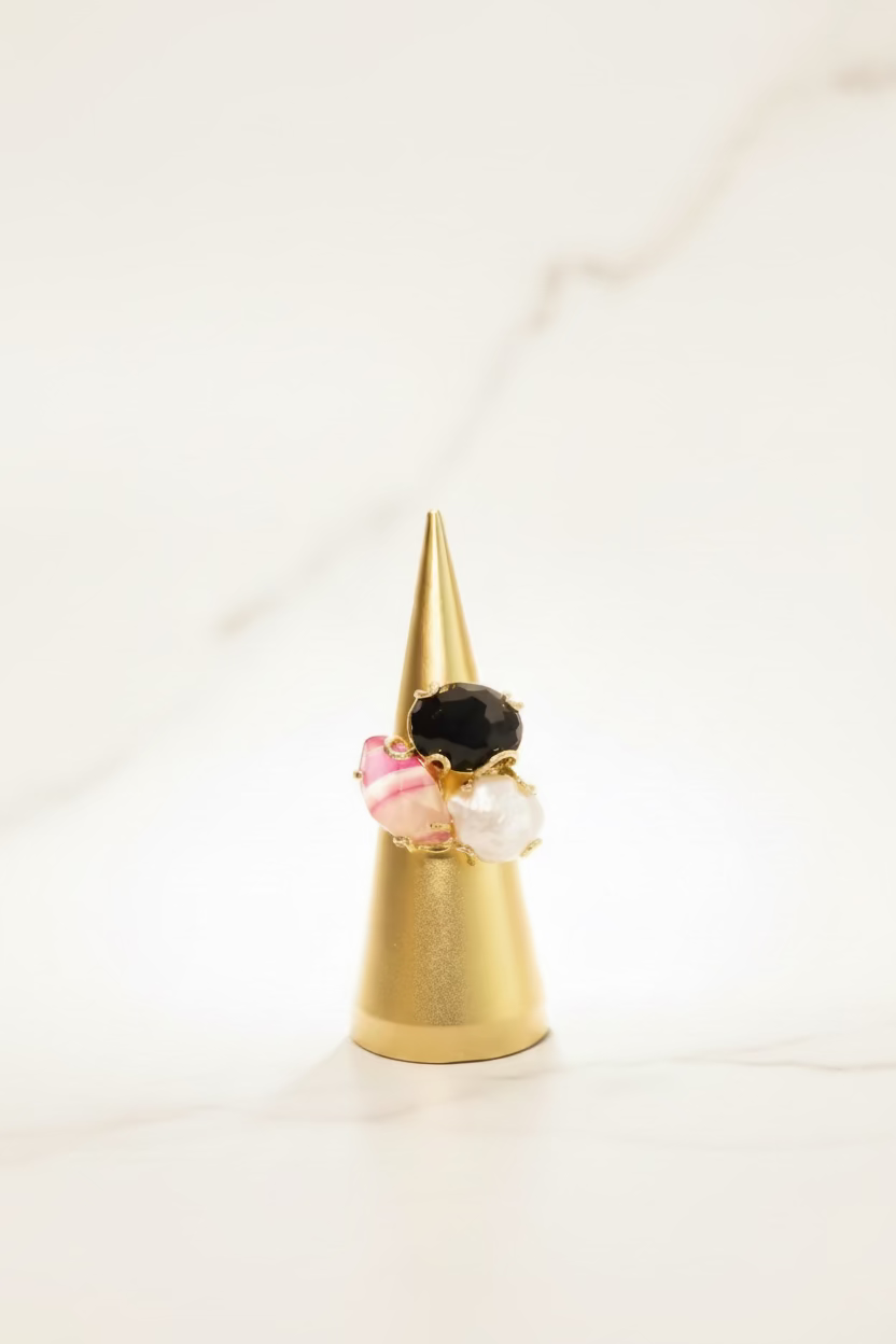 Anillo Perla, Piedra Rosa y Morada