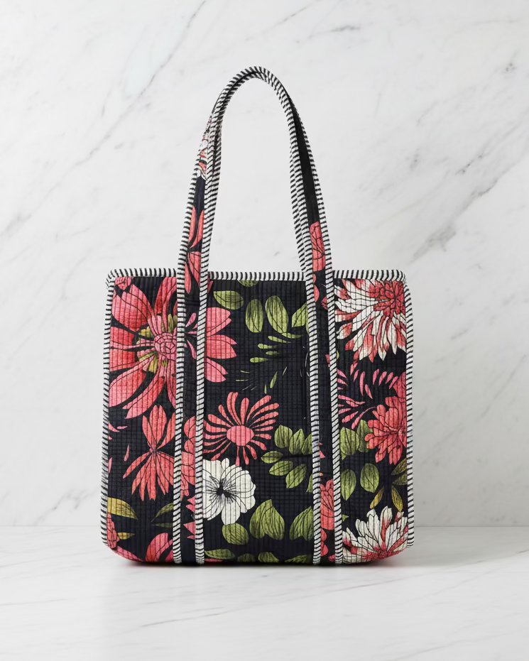 Bolso Acolchado de Algodon Indu Flores Negra