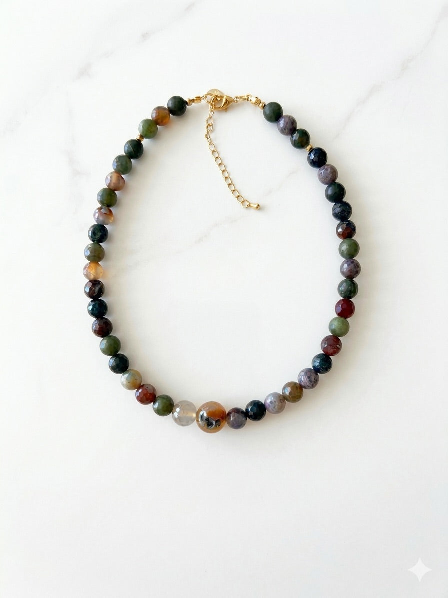 Collar Multicolor Jade Verde y Ágatas Facetada Mediano