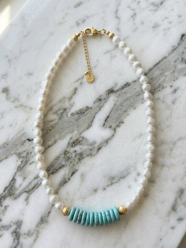 Collar de Perla de Río Blanca con Turquesa