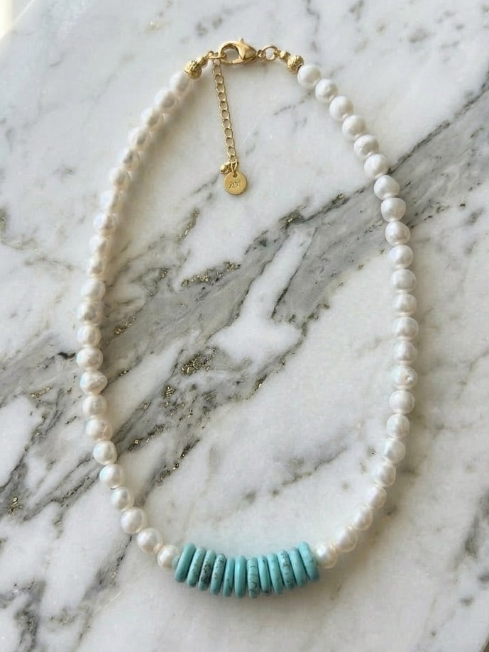 Collar de Perla de Río Blanca con Turquesa