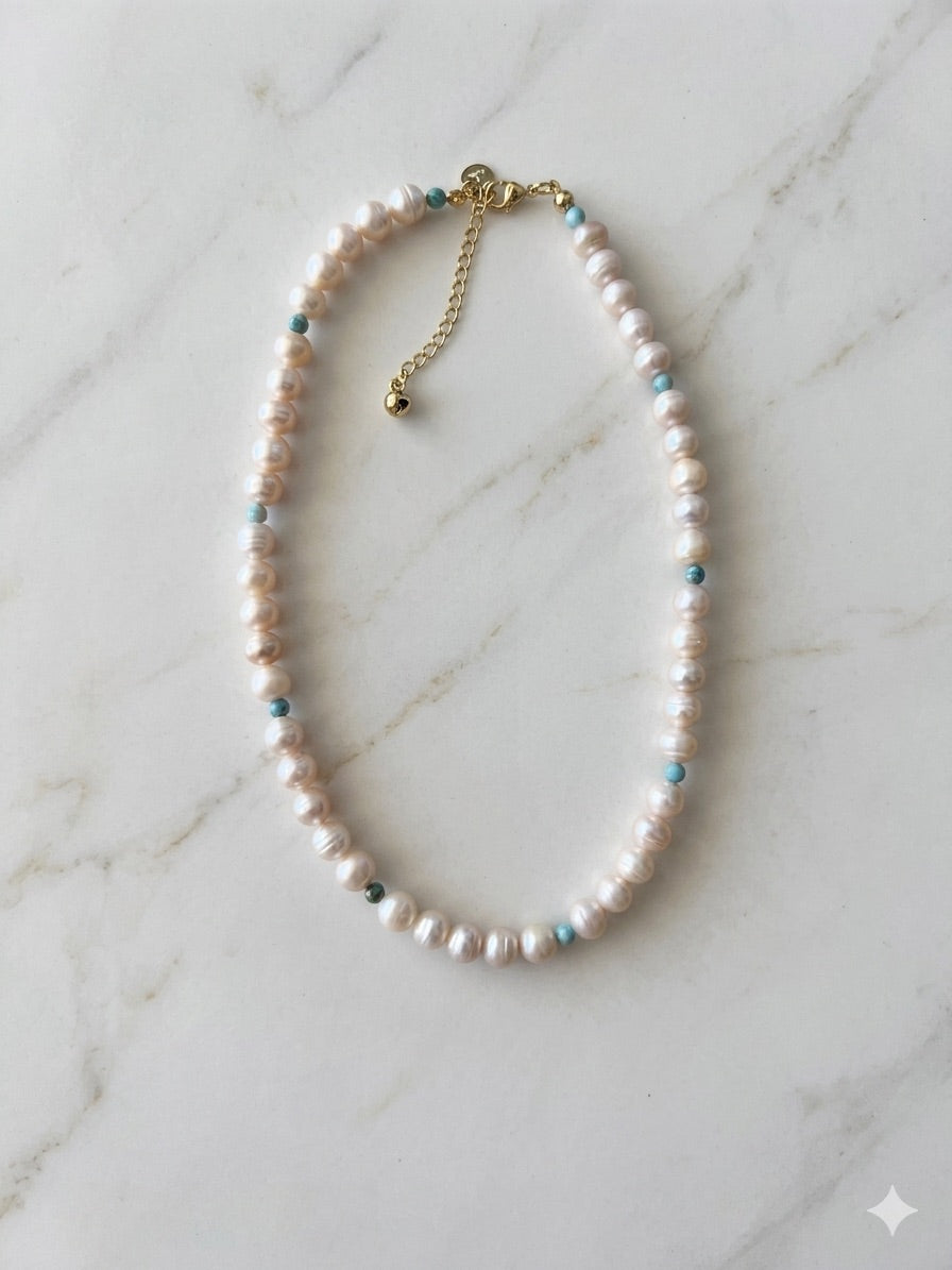 Collar de Perla de Rio Rosadita con Turquesa