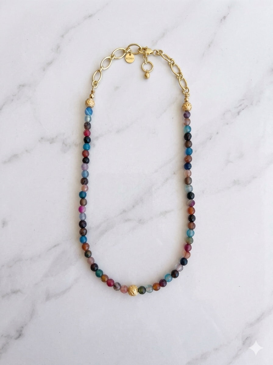 Collar Ágata Facetada Multicolor con Cadena