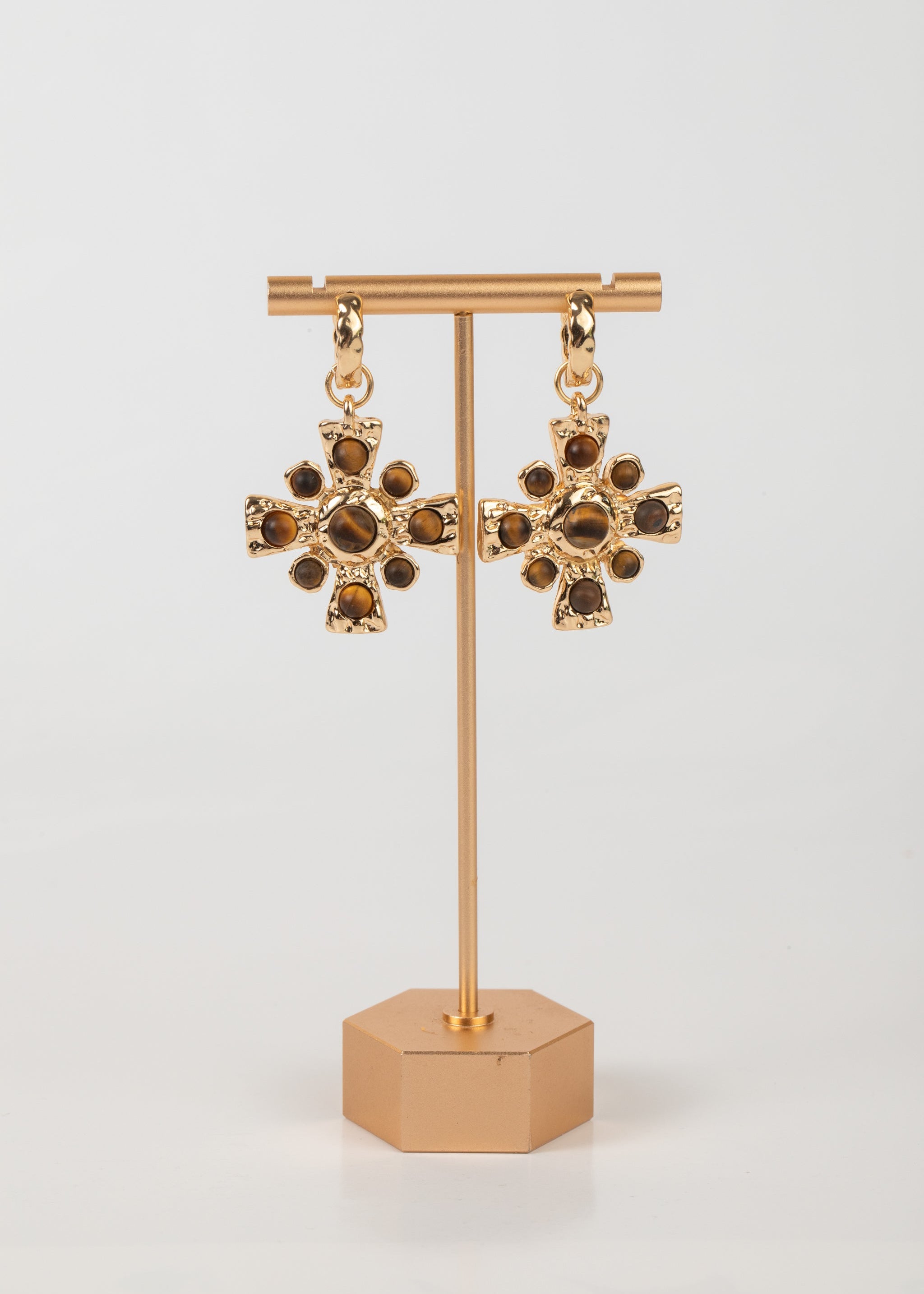 Aretes de Cruz Gold Plated con Ojo de Tigre
