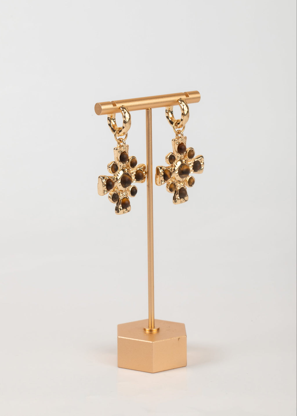 Aretes de Cruz Gold Plated con Ojo de Tigre