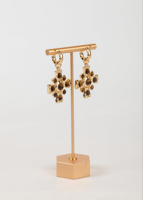 Aretes de Cruz Gold Plated con Ojo de Tigre